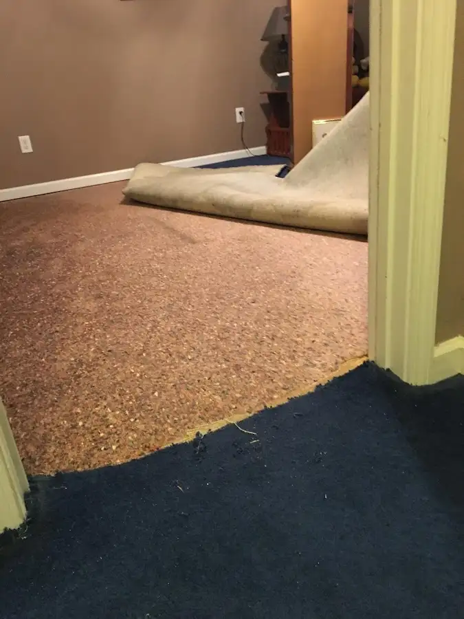 Carpet pad removal revealing water damage during Water Mitigation Services in Lacombe